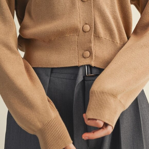 Erika Wide Collar Sweater Cardigan | Women's Tan Button Up Shirt | Beige Neutral - Picture 6 of 10